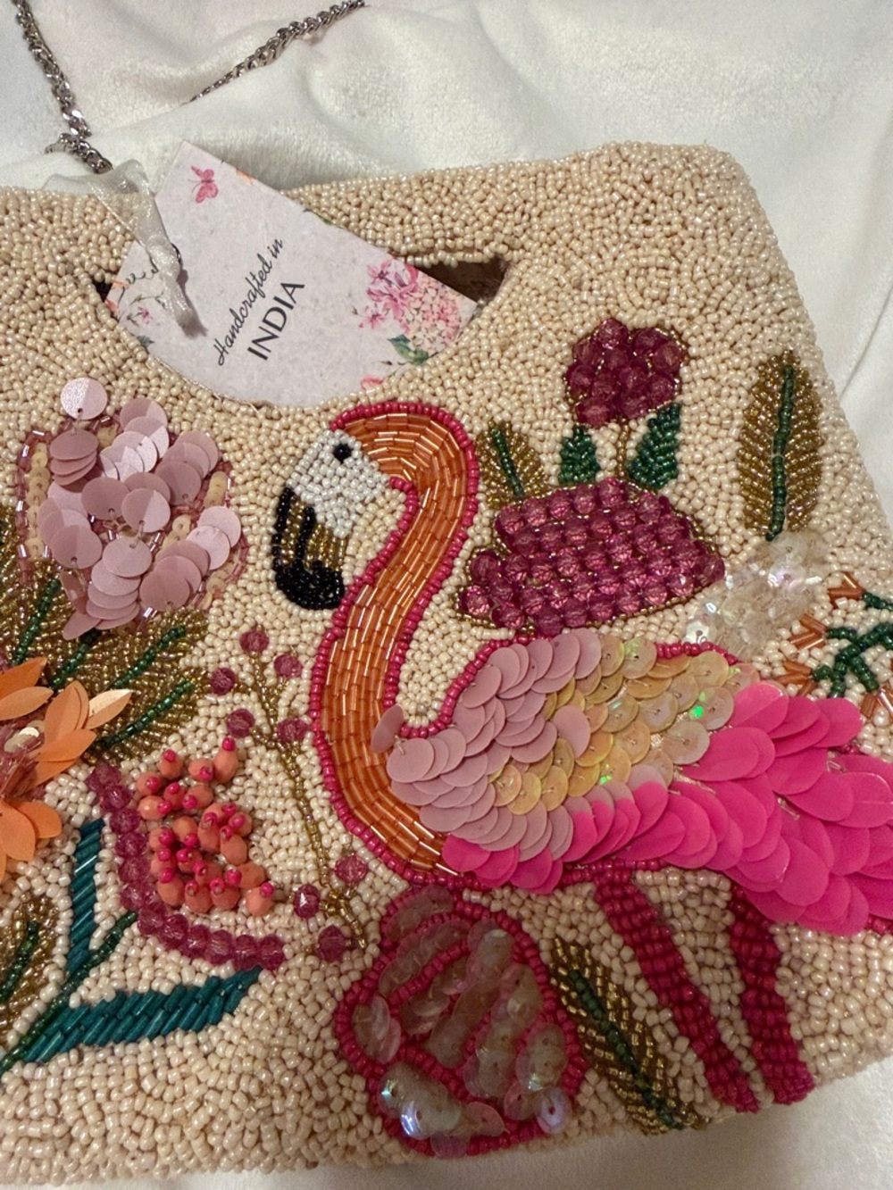 Beaded Flamingo Crossbody Bag - Pink & Cream - Picture 3 of 5